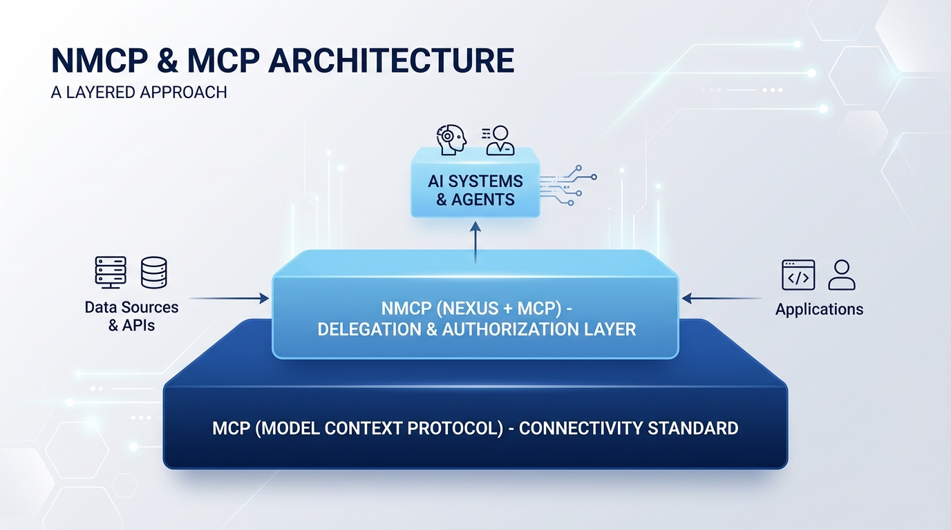MCP 와 NMCP 의 계층도. 아래층은 연결 표준인 MCP, 그 위에 위임·권한 계층인 NMCP(Nexus + MCP), 맨 위에 AI 시스템과 에이전트가 있다.
